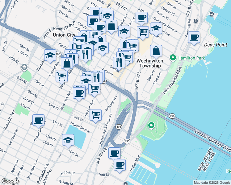 map of restaurants, bars, coffee shops, grocery stores, and more near in Weehawken Township