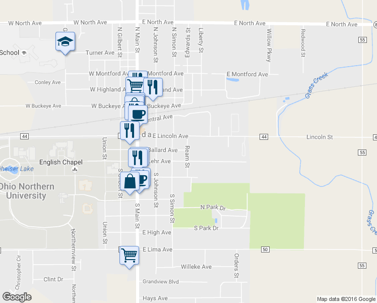 map of restaurants, bars, coffee shops, grocery stores, and more near 306 Ream Street in Ada