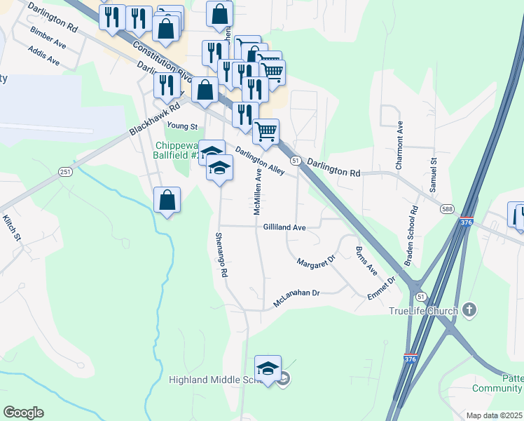 map of restaurants, bars, coffee shops, grocery stores, and more near 145 McMillen Avenue in Beaver Falls
