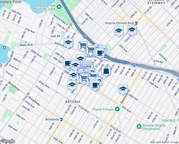 map of restaurants, bars, coffee shops, grocery stores, and more near 30-15 Newtown Avenue in Queens