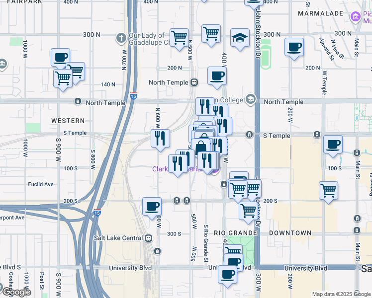 map of restaurants, bars, coffee shops, grocery stores, and more near 50 500 West in Salt Lake City