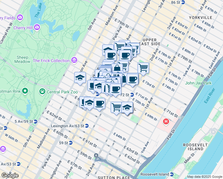 map of restaurants, bars, coffee shops, grocery stores, and more near 201 East 69th Street in New York