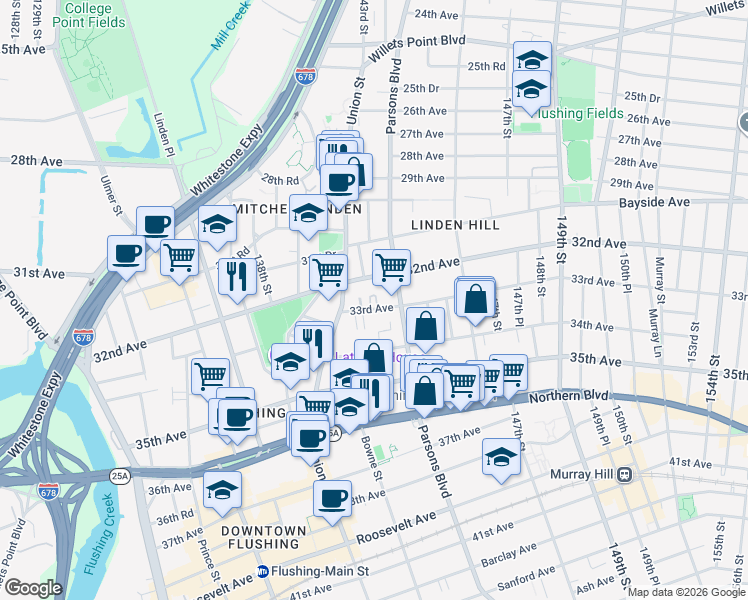map of restaurants, bars, coffee shops, grocery stores, and more near 141-41 33rd Avenue in Queens