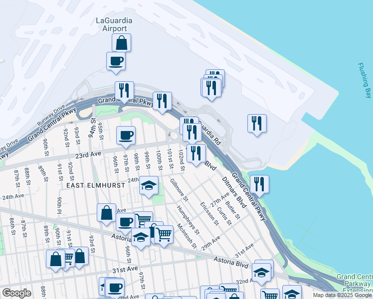 map of restaurants, bars, coffee shops, grocery stores, and more near 102-10 Ditmars Boulevard in Queens