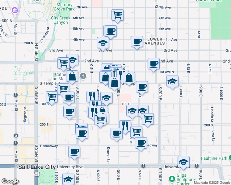map of restaurants, bars, coffee shops, grocery stores, and more near 34 500 East in Salt Lake City