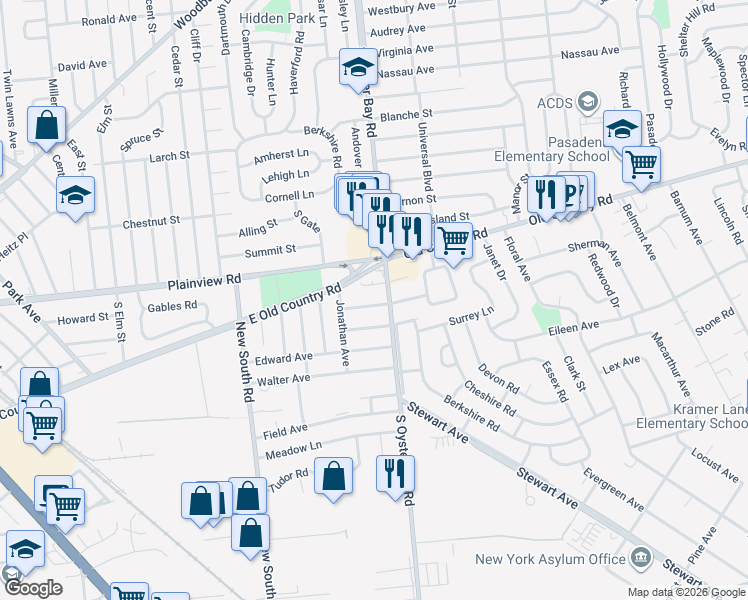 map of restaurants, bars, coffee shops, grocery stores, and more near 4 Arnold Street in Hicksville
