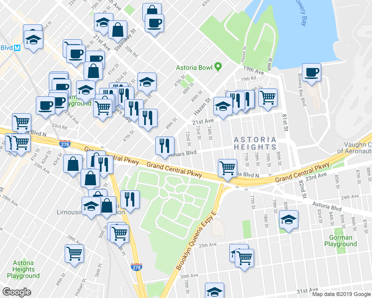 map of restaurants, bars, coffee shops, grocery stores, and more near 21-50 72nd Street in Queens