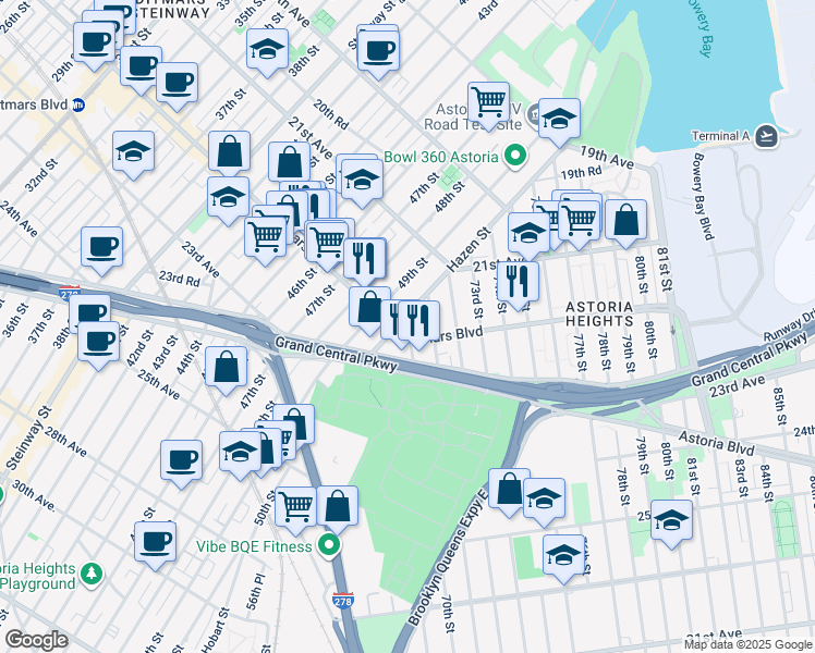 map of restaurants, bars, coffee shops, grocery stores, and more near 21-63 Hazen Street in Queens