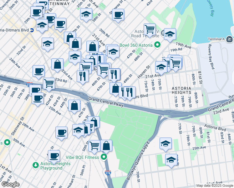 map of restaurants, bars, coffee shops, grocery stores, and more near 22-09 49th Street in Queens