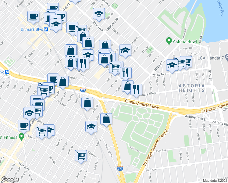 map of restaurants, bars, coffee shops, grocery stores, and more near 22-38 48th Street in Queens