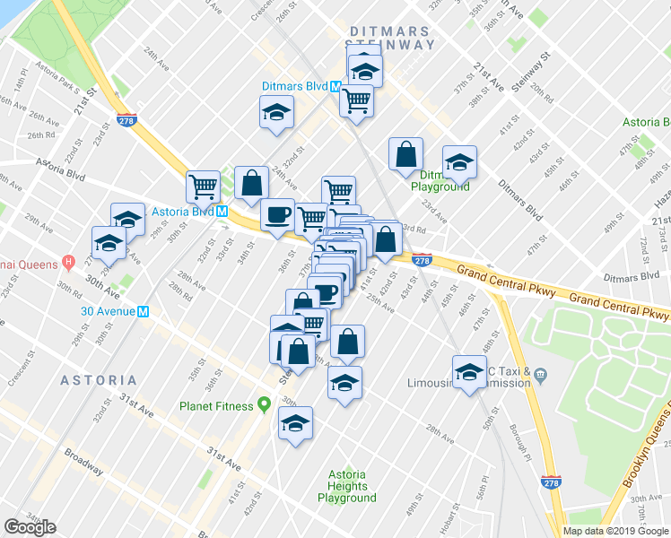map of restaurants, bars, coffee shops, grocery stores, and more near 2512 Steinway Street in Queens