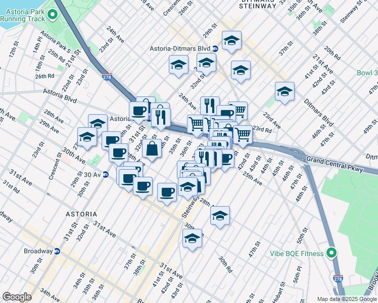 map of restaurants, bars, coffee shops, grocery stores, and more near 25-25 36th Street in Queens