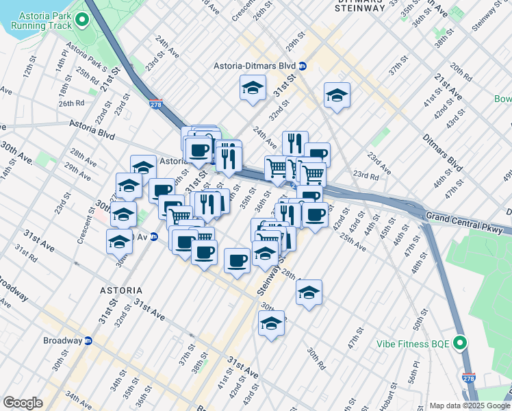 map of restaurants, bars, coffee shops, grocery stores, and more near 25-37 35th Street in Queens