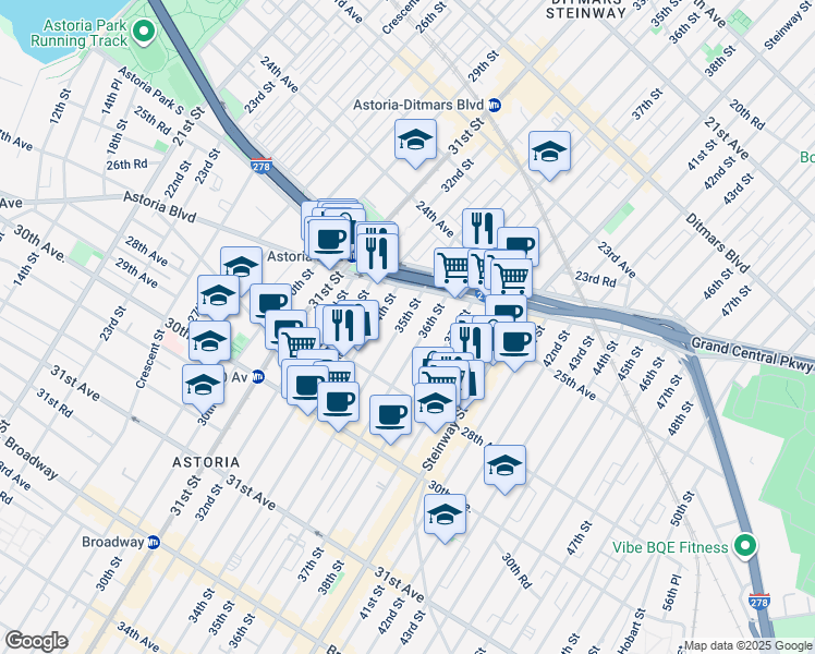 map of restaurants, bars, coffee shops, grocery stores, and more near 25-37 35th Street in Queens