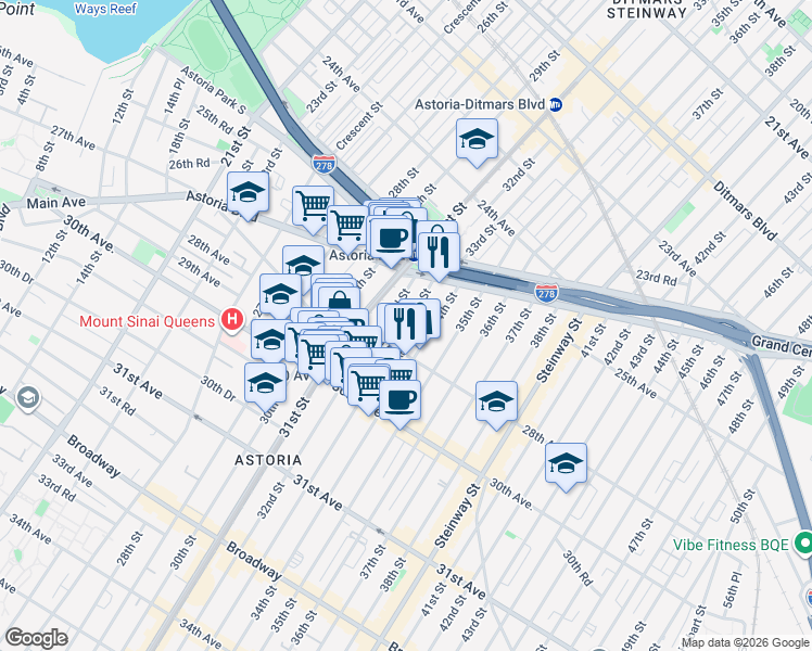 map of restaurants, bars, coffee shops, grocery stores, and more near 25-55 32nd Street in Queens
