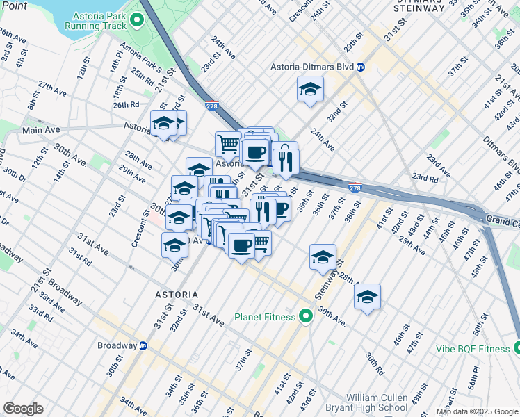 map of restaurants, bars, coffee shops, grocery stores, and more near 25-55 32nd Street in Queens