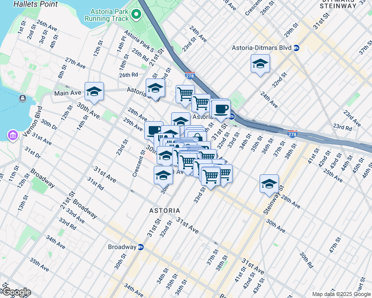 map of restaurants, bars, coffee shops, grocery stores, and more near 29-28 Newtown Avenue in Queens