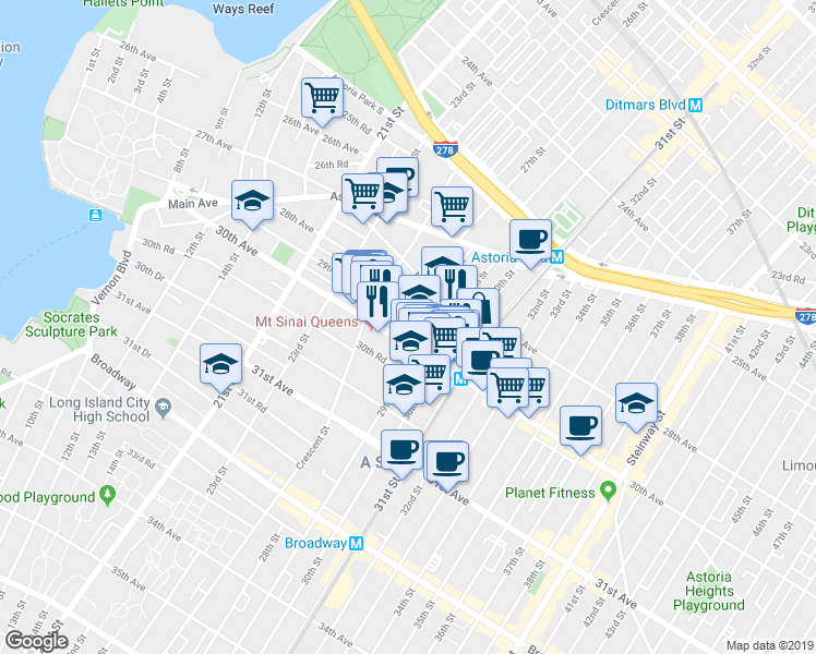 map of restaurants, bars, coffee shops, grocery stores, and more near 41-27 28th Avenue in Queens