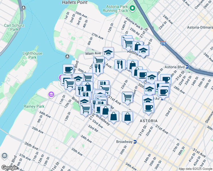 map of restaurants, bars, coffee shops, grocery stores, and more near 14-28 30th Drive in Queens