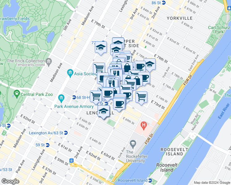 map of restaurants, bars, coffee shops, grocery stores, and more near 1400 2nd Avenue in New York