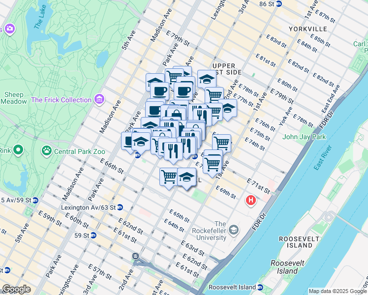 map of restaurants, bars, coffee shops, grocery stores, and more near 219 East 71st Street in New York