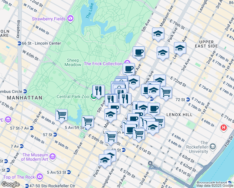 map of restaurants, bars, coffee shops, grocery stores, and more near 850 5th Avenue in New York