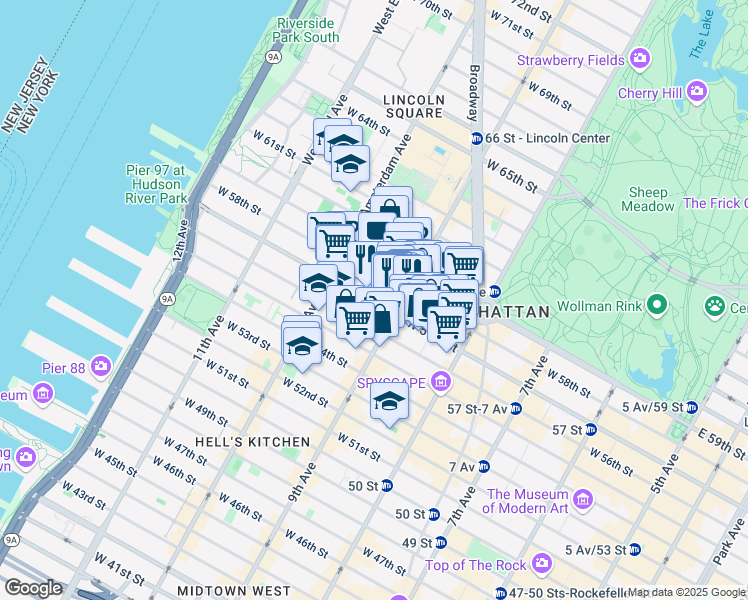 map of restaurants, bars, coffee shops, grocery stores, and more near 871 9th Avenue in New York