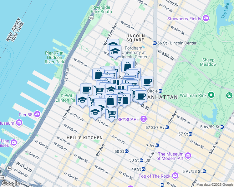 map of restaurants, bars, coffee shops, grocery stores, and more near 469w West 57th Street in New York