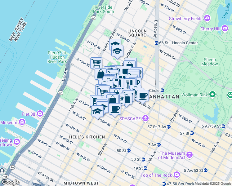 map of restaurants, bars, coffee shops, grocery stores, and more near 425 West 57th Street in New York