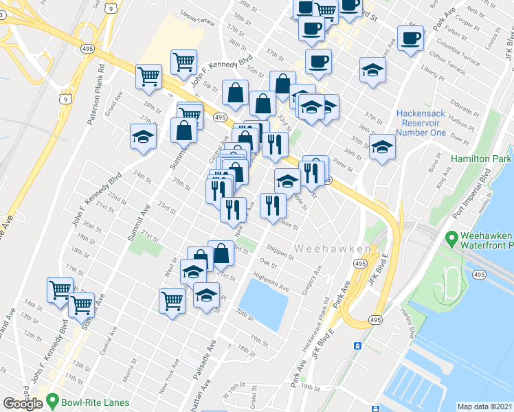 map of restaurants, bars, coffee shops, grocery stores, and more near 311 27th Street in Union City