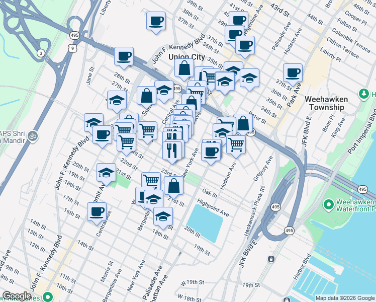 map of restaurants, bars, coffee shops, grocery stores, and more near 2601A Bergenline Avenue in Union City