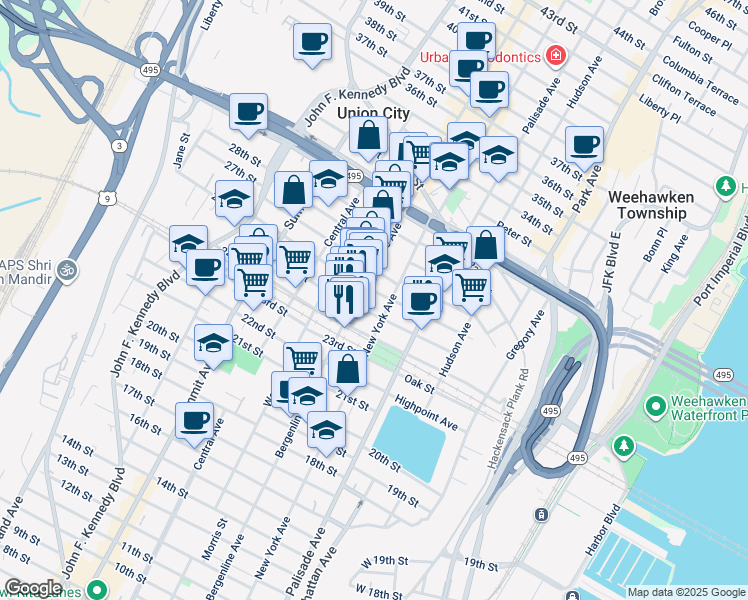 map of restaurants, bars, coffee shops, grocery stores, and more near 2601A Bergenline Avenue in Union City
