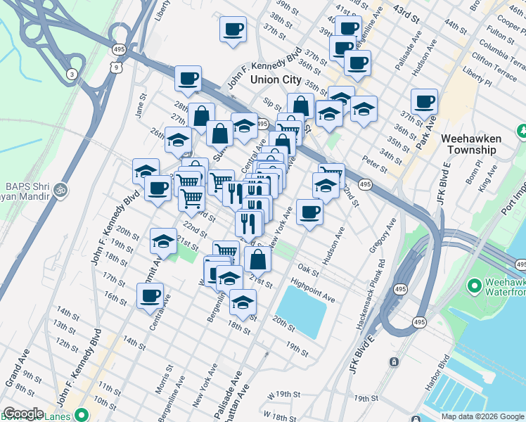 map of restaurants, bars, coffee shops, grocery stores, and more near 508 25th Street in Union City