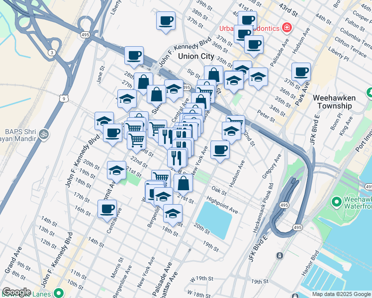 map of restaurants, bars, coffee shops, grocery stores, and more near 508 25th Street in Union City