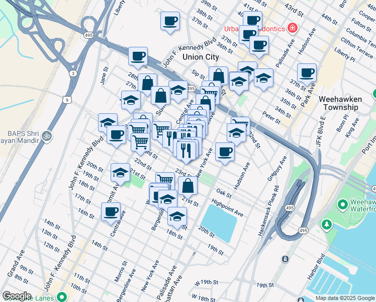 map of restaurants, bars, coffee shops, grocery stores, and more near 508 25th Street in Union City