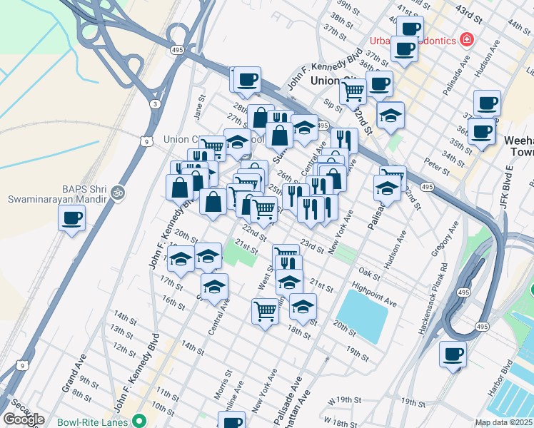 map of restaurants, bars, coffee shops, grocery stores, and more near in Union City