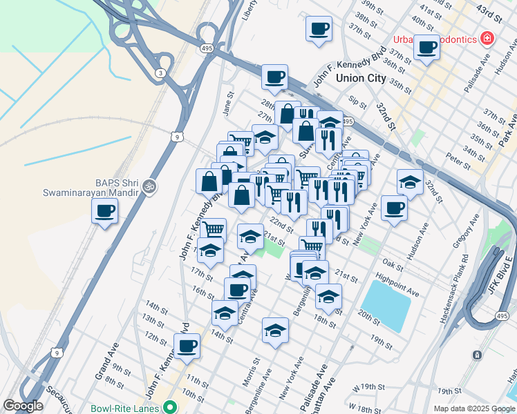 map of restaurants, bars, coffee shops, grocery stores, and more near 2207 Summit Avenue in Union City