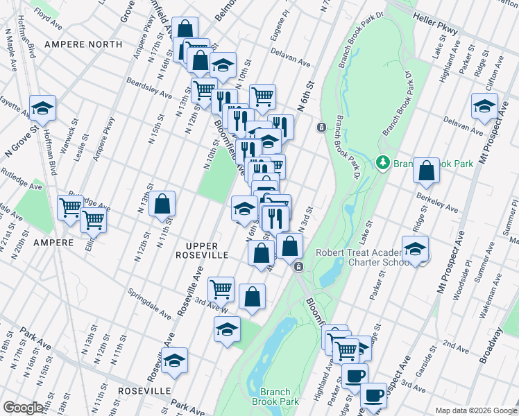 map of restaurants, bars, coffee shops, grocery stores, and more near 545 North 7th Street in Newark