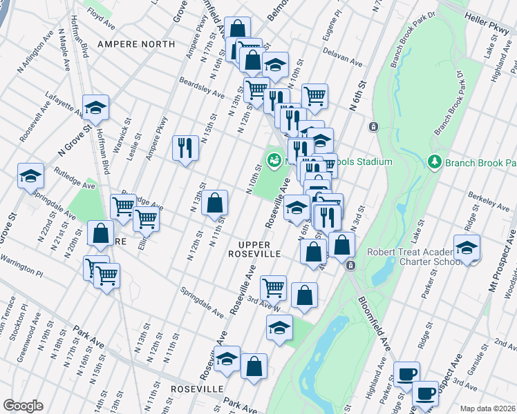 map of restaurants, bars, coffee shops, grocery stores, and more near 118 Peck Avenue in Newark