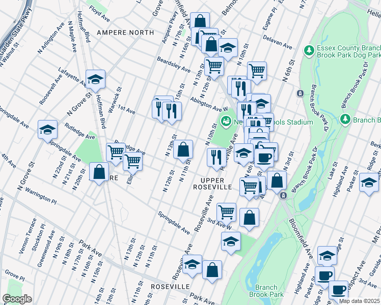map of restaurants, bars, coffee shops, grocery stores, and more near 284 1st Avenue in Newark