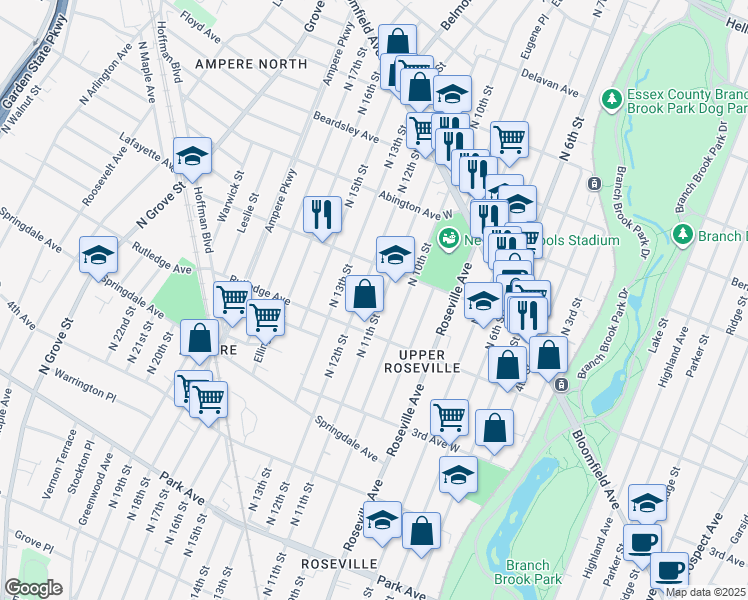 map of restaurants, bars, coffee shops, grocery stores, and more near 284 1st Avenue in Newark