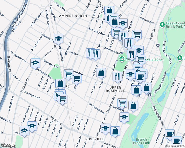 map of restaurants, bars, coffee shops, grocery stores, and more near 38 Lawton Street in East Orange