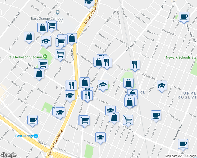 map of restaurants, bars, coffee shops, grocery stores, and more near 394 County Road 509 in East Orange
