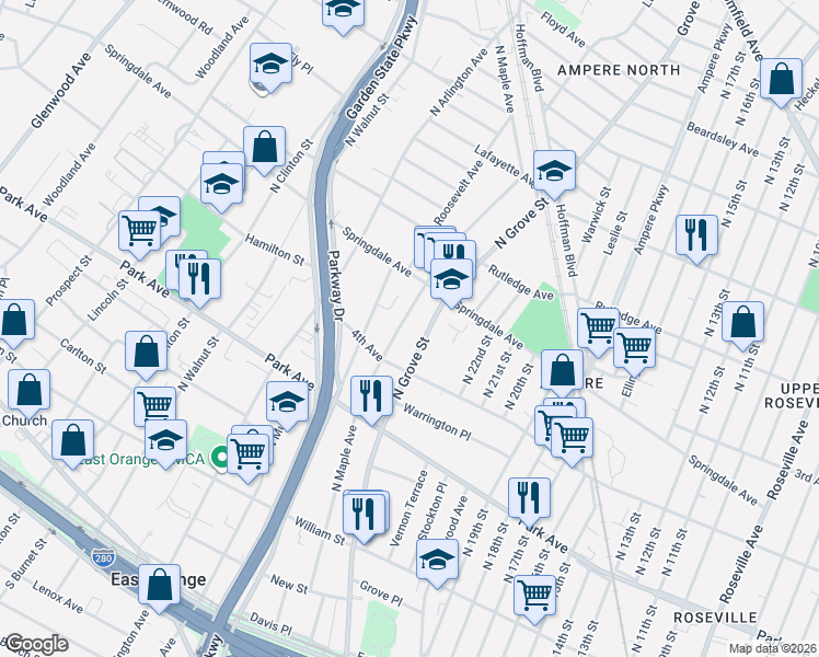 map of restaurants, bars, coffee shops, grocery stores, and more near 403 North Grove Street in East Orange