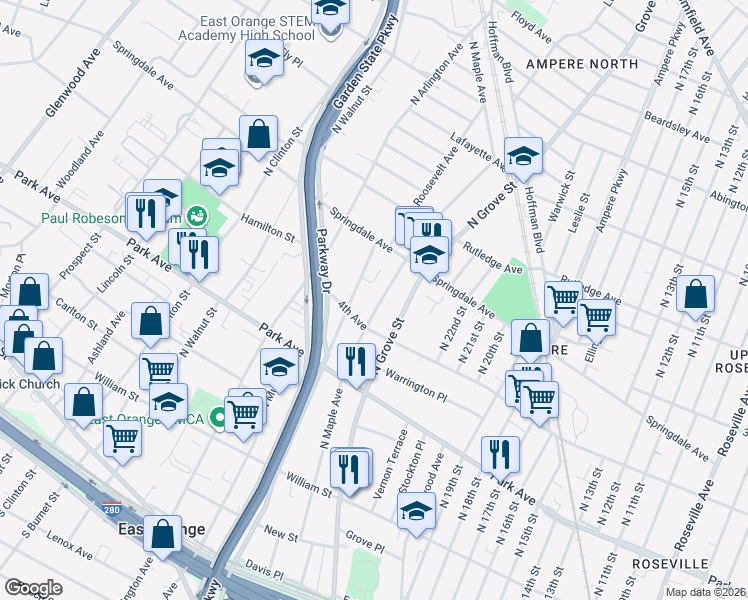 map of restaurants, bars, coffee shops, grocery stores, and more near 327 North Maple Avenue in East Orange