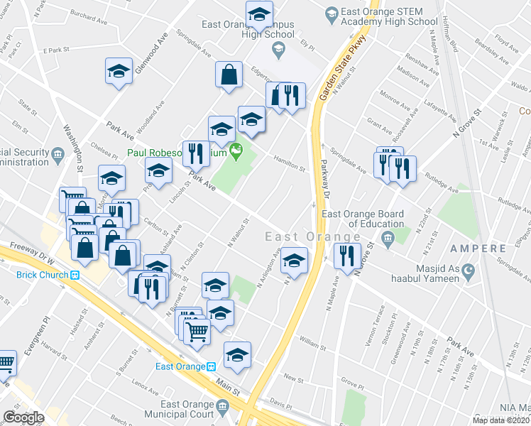 map of restaurants, bars, coffee shops, grocery stores, and more near 204 North Walnut Street in East Orange