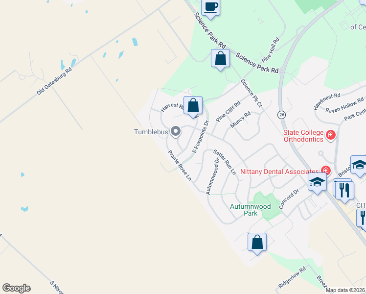 map of restaurants, bars, coffee shops, grocery stores, and more near 113-199 Meadowhawk Lane in State College