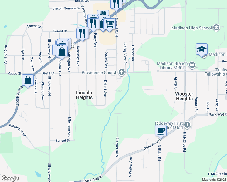 map of restaurants, bars, coffee shops, grocery stores, and more near 452 North Stewart Road in Mansfield