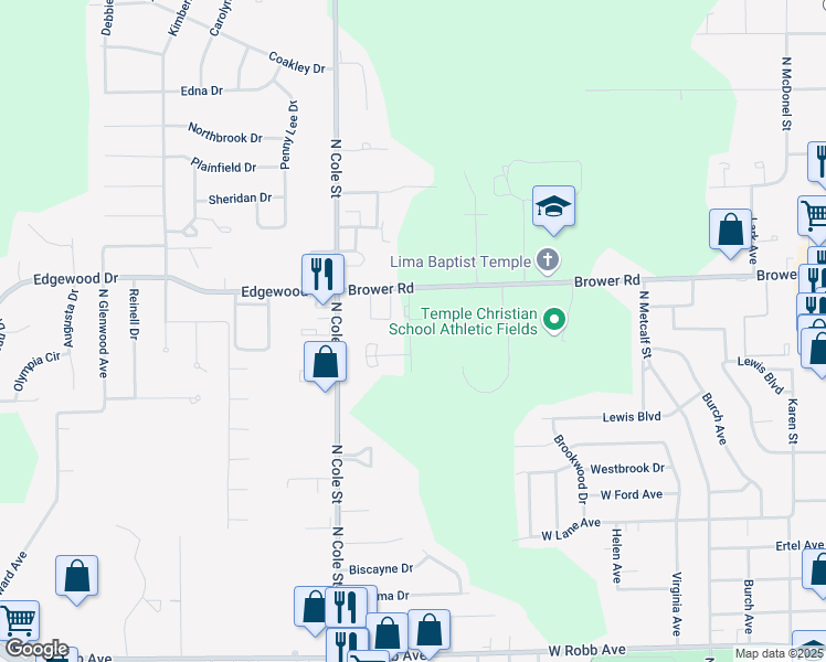 map of restaurants, bars, coffee shops, grocery stores, and more near 2240 Molly Avenue in Lima