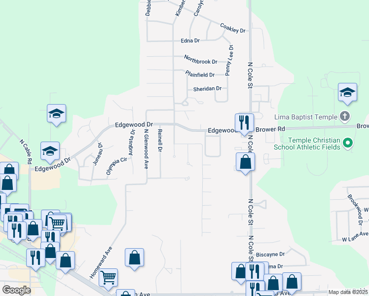map of restaurants, bars, coffee shops, grocery stores, and more near 2161 Aspen Drive in Lima